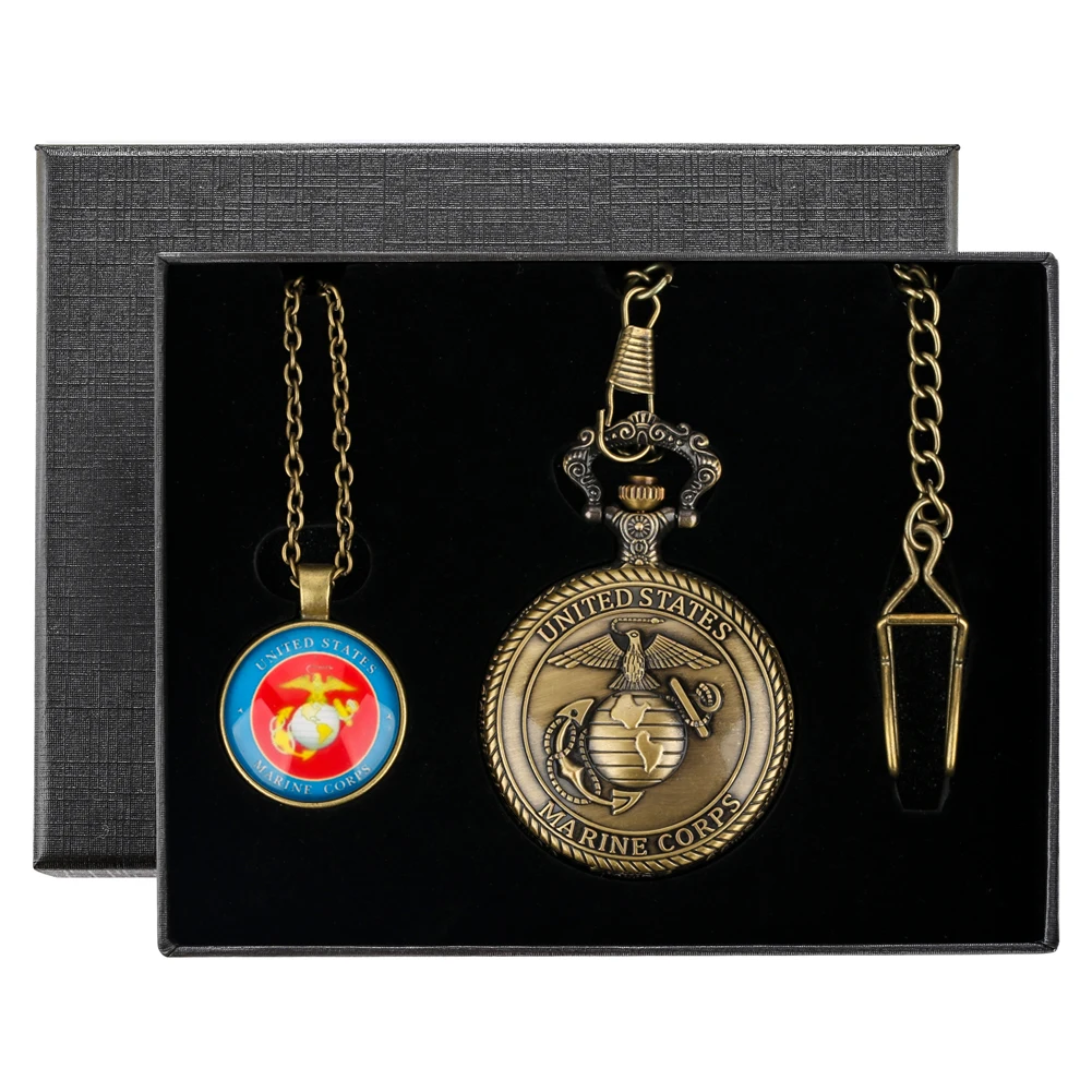 Pocket Watch Set with Box Exquisite Accessory Necklaces Retro Alloy Quartz Clock American Eagle Army Theme Birthday Gift for Men