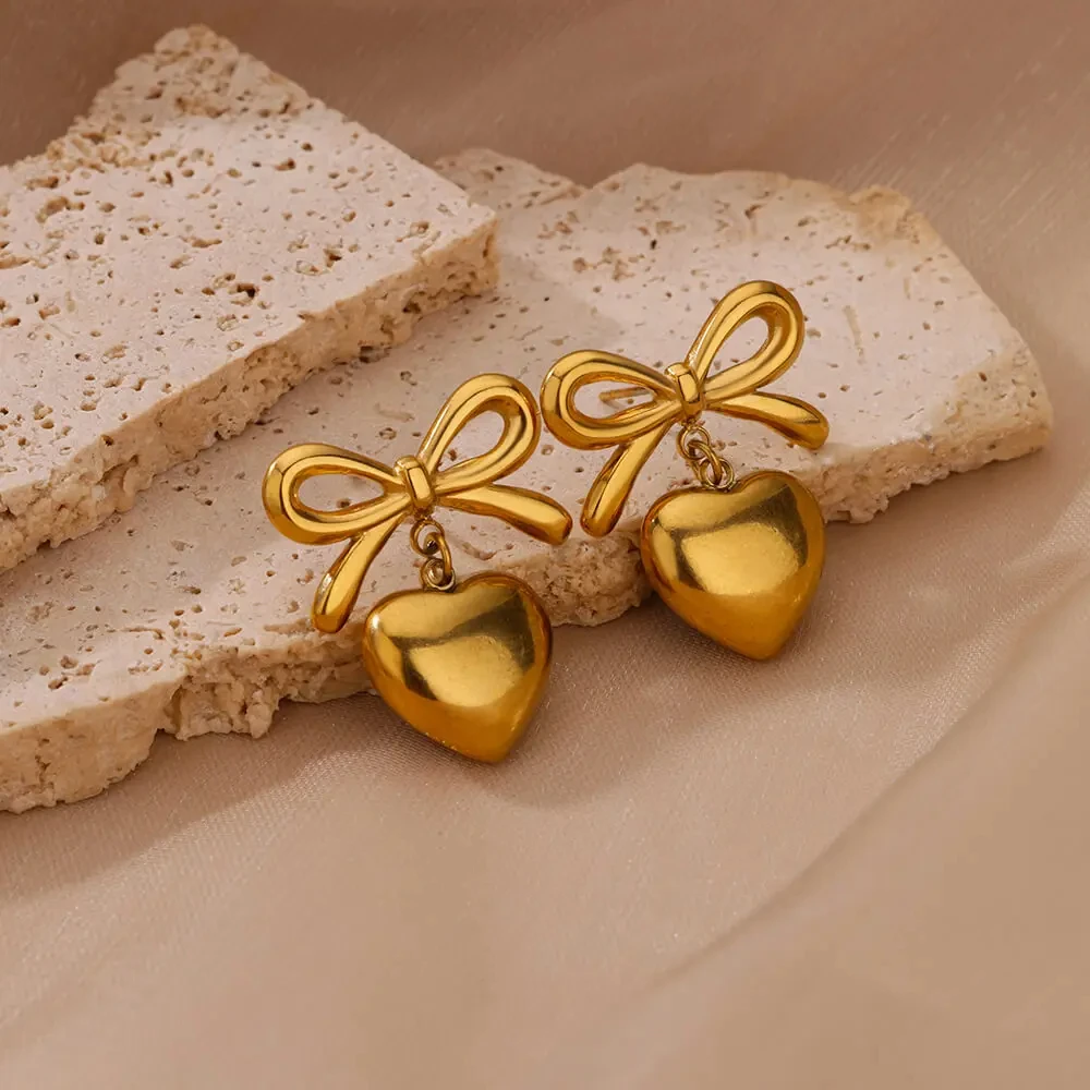 Stainless Steel Bow and Heart Earrings for Women