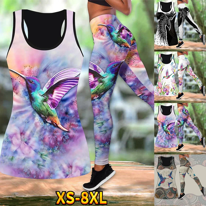 

Women's Fashion Art 3D Printed Combo Legging Tanktop Hole Shirt Sleeveless Hollow Out Tank Top And High Waist Leggin Suit XS-8XL