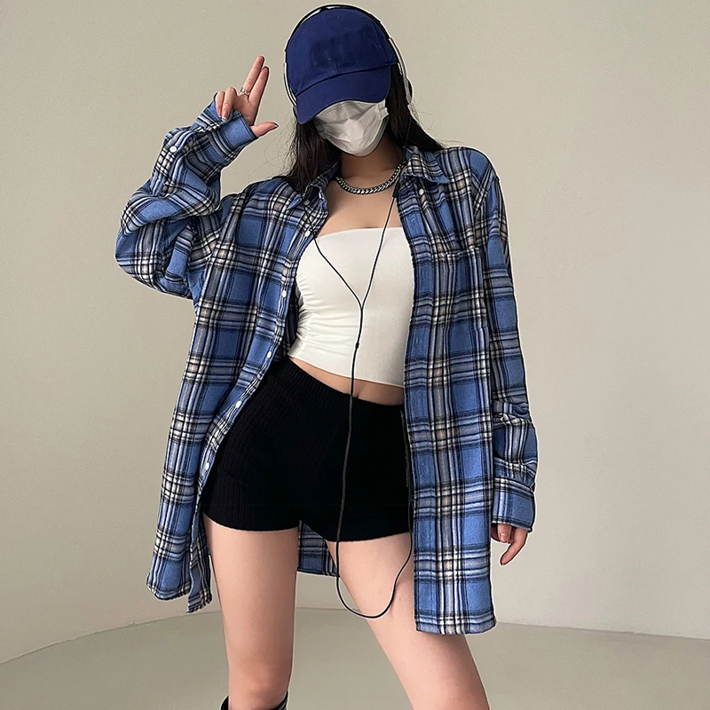 

Women Checked Design Boyfriend Shirt Slouchy Longline Shirt In Check