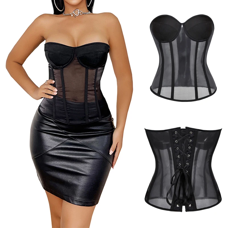 

Women's Mesh Overbust Corset Top See Through Push Up Bustier Ladies Slimming Fit Corsets and Bustiers Body Shaper Sexy Lingerie