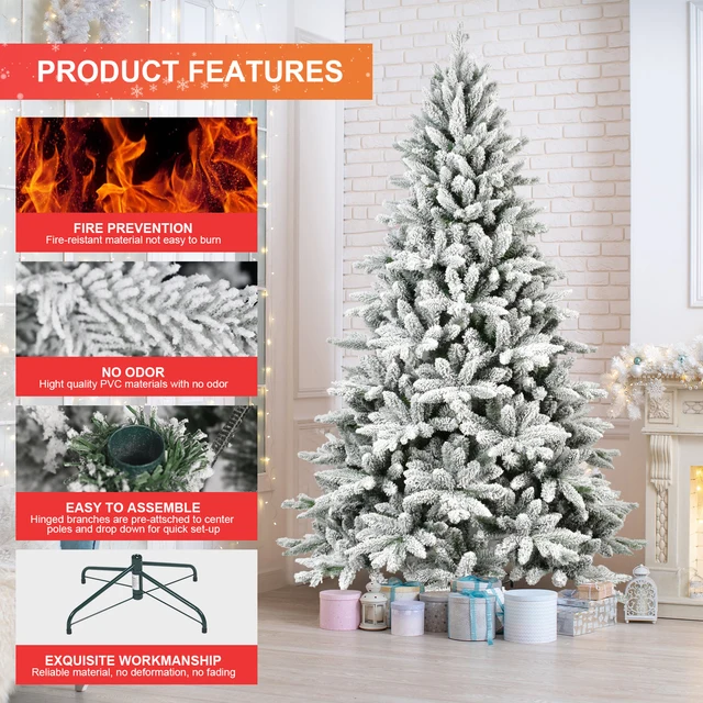 5FT/6FT/7FT Pre-lit Artificial Christmas Tree 1514 Branch Tips Automatic Open PE/PVC Mixed Flocking Xmas Tree Metal Stand Base 2
