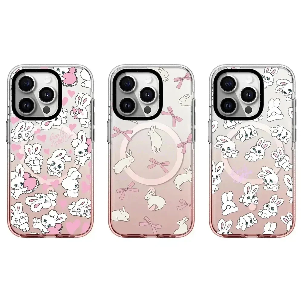 

Pink Gradient Transparent Border Bowknot Rabbit Pattern iPhone 13 14 15 Pro Max Protective Case