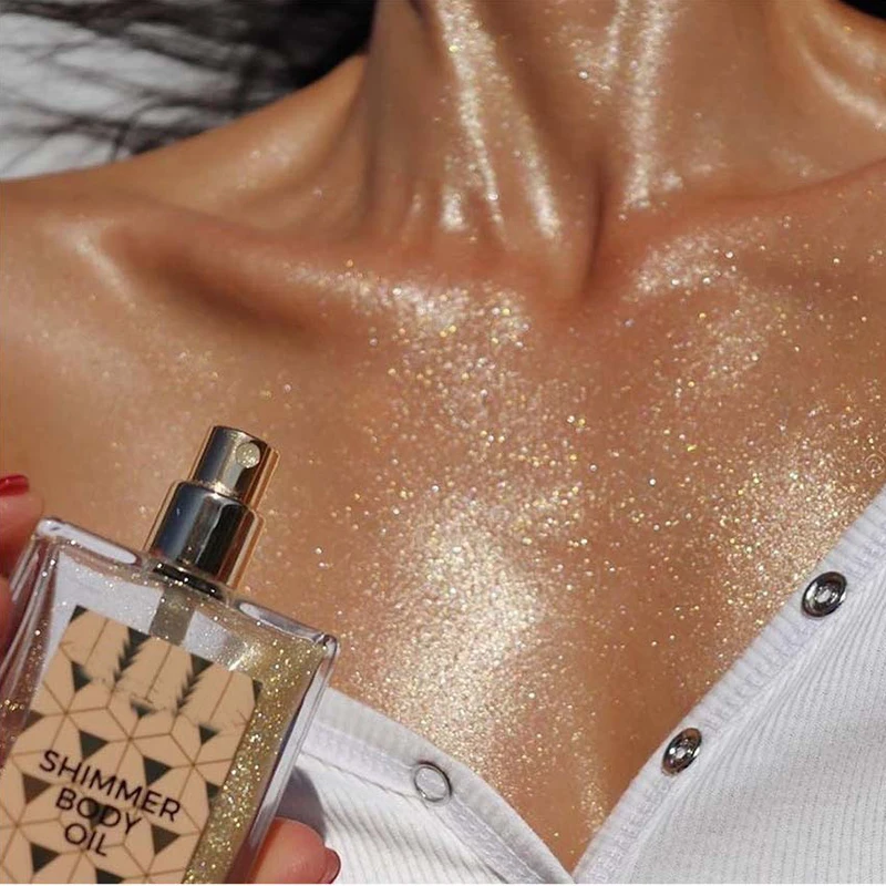 1 Bottle Gold Diamond Highlight Shimmer Body Oil, Face Body Quicksand Highlighter Spray, Hair and Face Contour Lighting Makeup