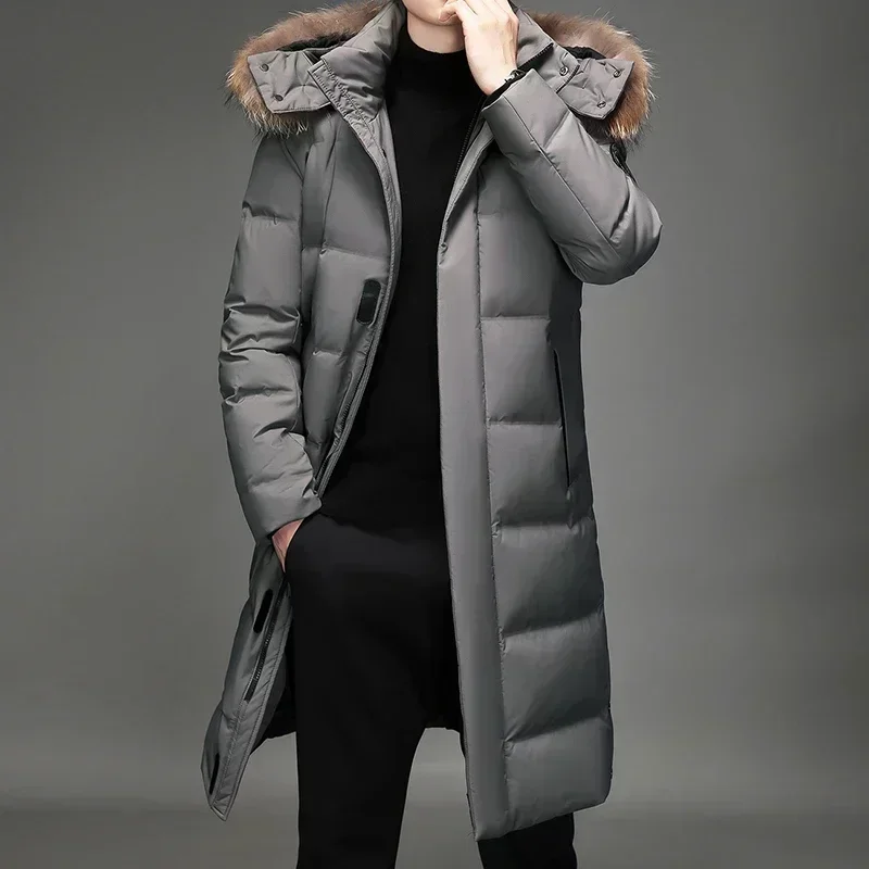 Luxury Long Down Jacket Men's Winter Korean Style Detachable Fur Collar Cap White Duck Down Warm Coat Brand Lightweight Parka down jacket mens jacket