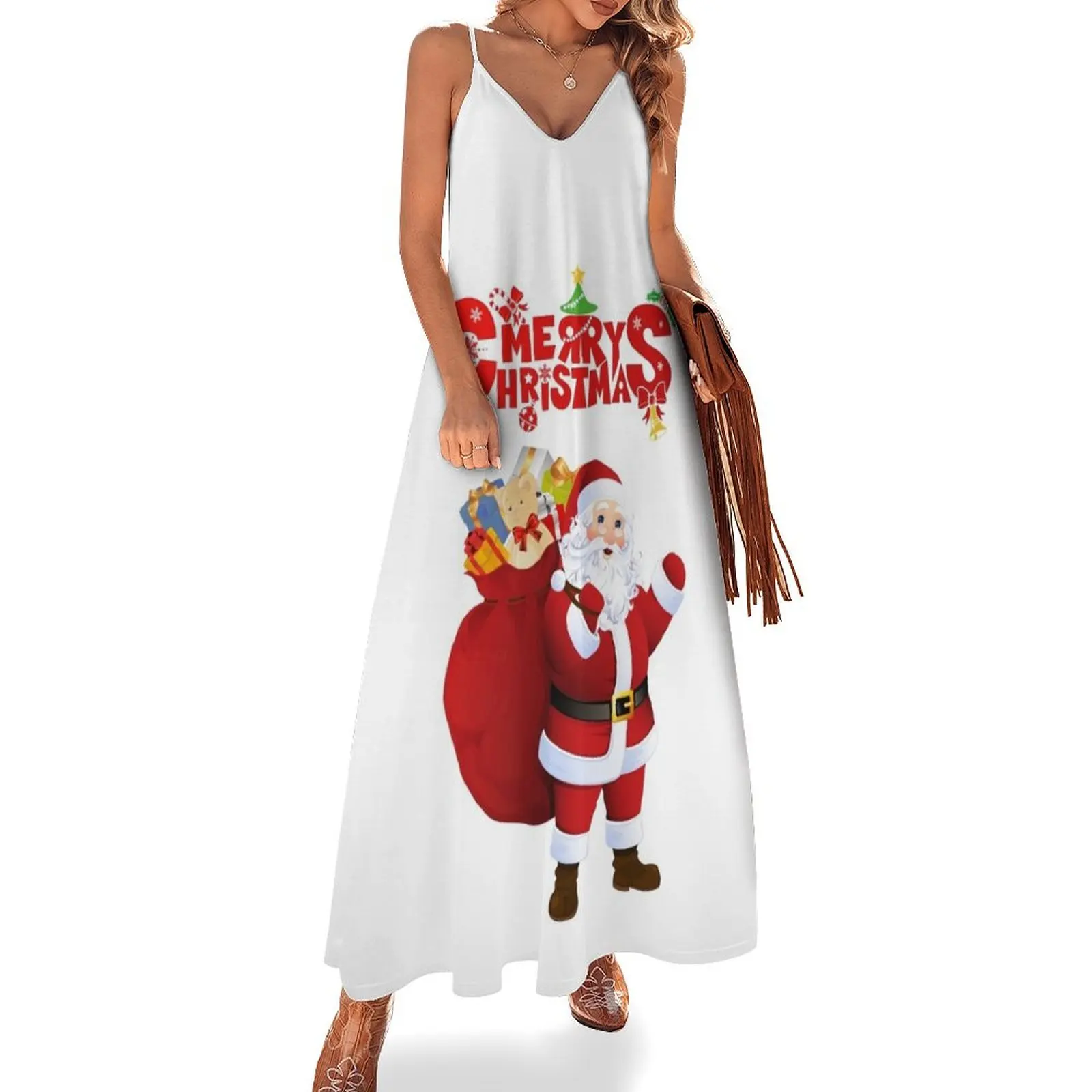 Merry christmas with santa claus and papa noel Sleeveless Dress luxury dress Elegant gown