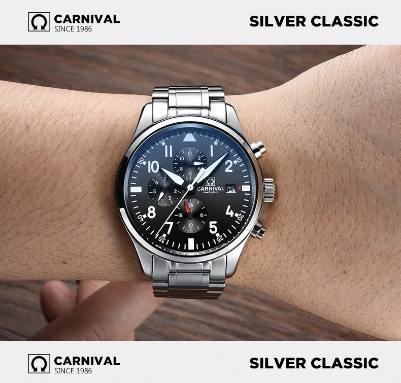 2022 Luxury Brand CARNIVAL Automatic Watch for Men Sapphire Calendar Luminous Stainless Steel Army waterproof Dive Men's Watches