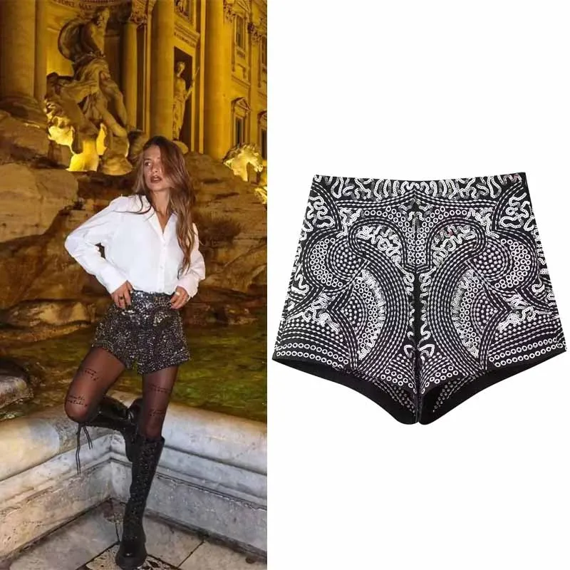 

TRAF Women's Summer Sequin Beading Shorts Sexy Shorts For Women Shorts For Dancing Hot Pants Women Pants High Waist Night Club