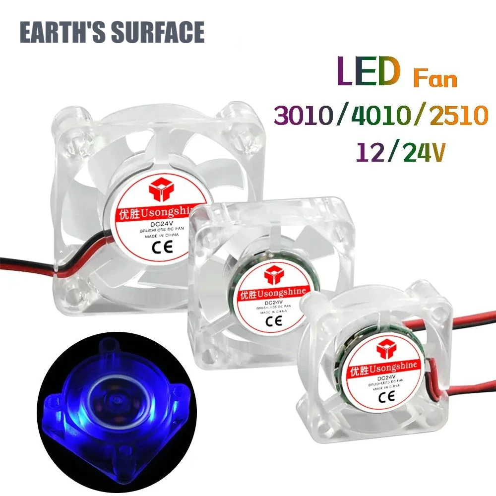 

ES-3D Printer Parts 12v/24v Cooling Turbo Fan 2510 3010 4010 LED Hydraulic Bearing fan Blue Light Luminous For Hotend Parts