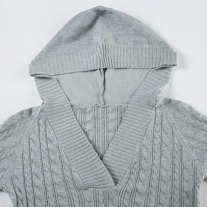Solid Twist Knit Fitted Sweater Top V Neck with Hooded Women Long Sleeve Pullovers Knitwear Casual Basic Y2K Outfits