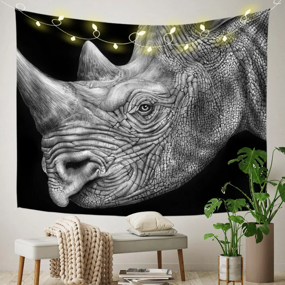 

Black and Grey Rhinoceros Tapestry Illustration Lion Wild Animals Tapestry Rhinocero Aesthetic Bedroom Living Room Decorations
