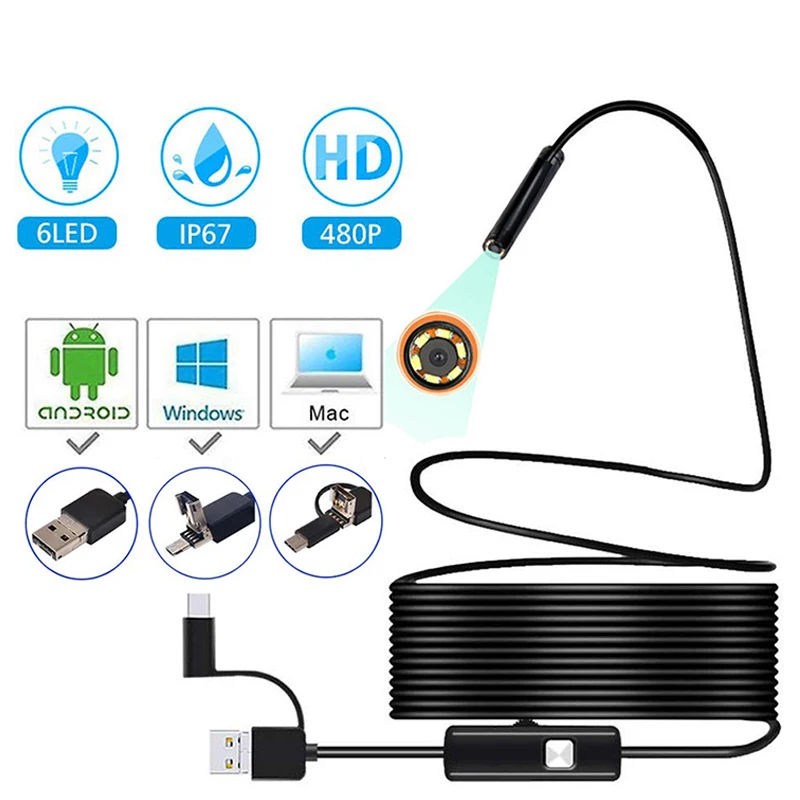 5.5 7.0mm Endoscope Camera IP67 Waterproof 6 LEDs Adjustable USB