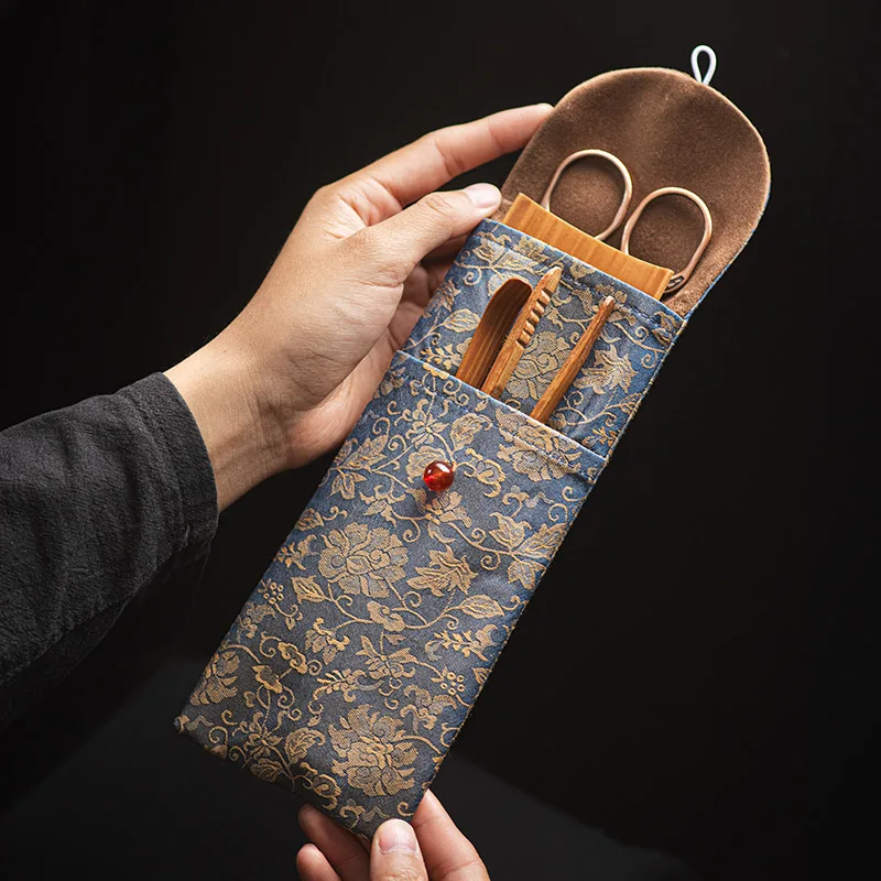 Bamboo four-piece tea ceremony accessories portable storage bag bamboo clip tea scissors art tools