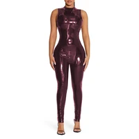 PVC Sleeveless Jumpsuit for Ladies, Wet Look, Shiny Patent Leather, O-Neck Bodycon, Tank Catsuit, Stretch Slim Rompers, Sexy - Image 3