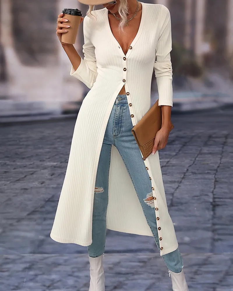 

Women Clothes Cardigan Coat 2023 Autumn Elegant Fashion Casual Solid Color Long Sleeve Buttoned Ribbed Longline Overcoat Female