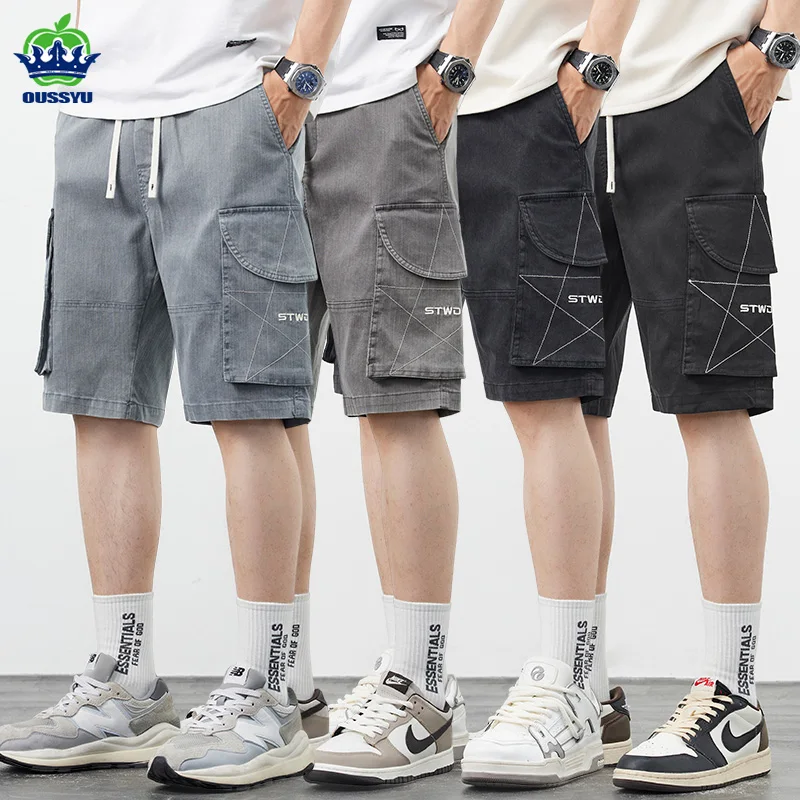 Men Cargo Shorts Summer Soft Cotton Fabric Thin Loose Pocket Denim Elastic Waist Holiday Casual Beach