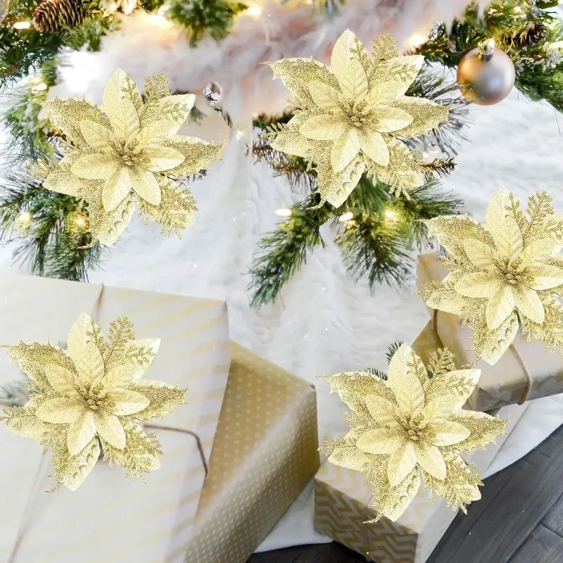 14cm Artificial Christmas Tree Flower Glitter Decoration Xmas Tree Ornaments Merry Christmas Decor for Happy New Year Navidad