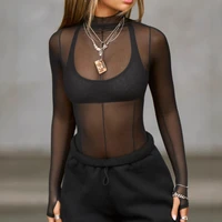 2025 automne nouvelle mode femmes hauts T-Shirt maille transparente voir à travers à manches longues coupe ajustée demi-haut col haut Y2k femme vêtements 2