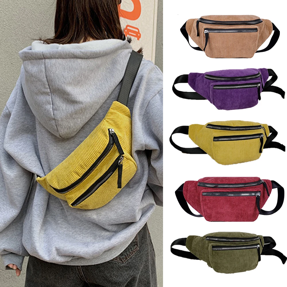 

Fashion Corduroy Waist Bags Female Waist Pack Ladies Strap Crossbody Canvas Bags Solid Color Stripe Pattern Fanny Pack for Women