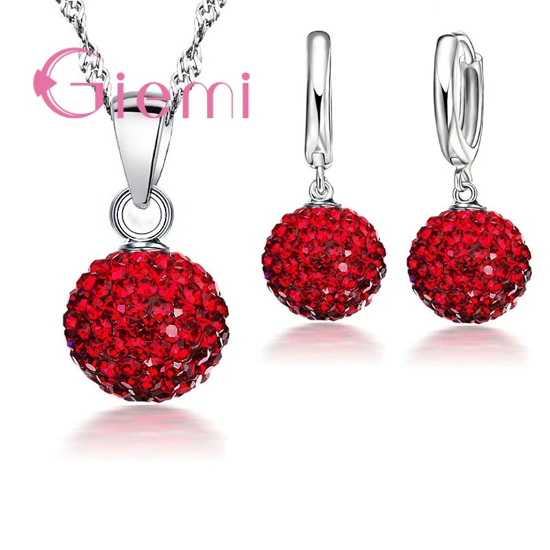 Jewelry Set 925 Sterling Silver Austrian Crystal Ball Lever Back Earring Pendant Necklace for Woman