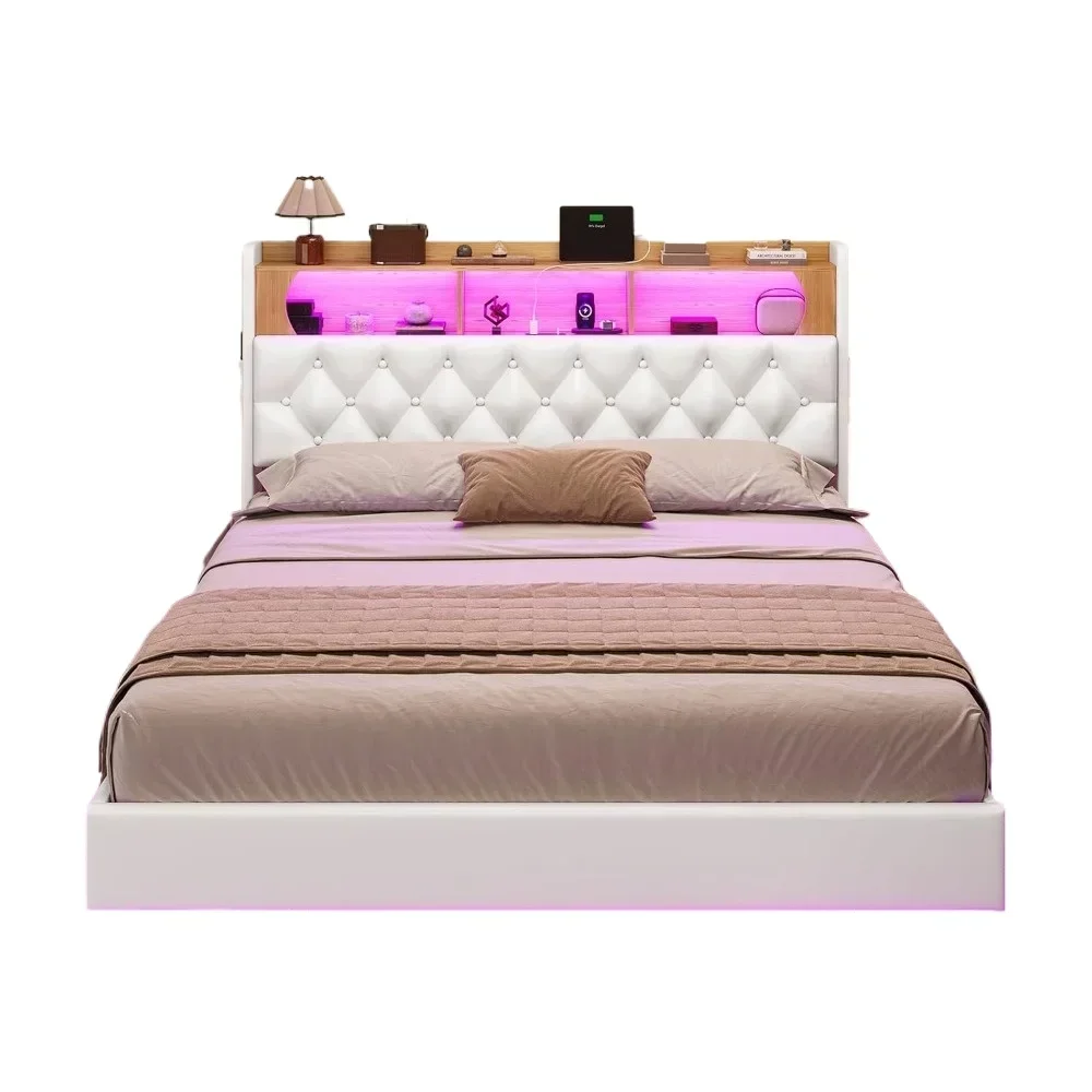 Floating Bed Frame, Floating Platform Bed with Charging Station with LED Lights & Storage Headboard, Modern LED Floating Bed 6