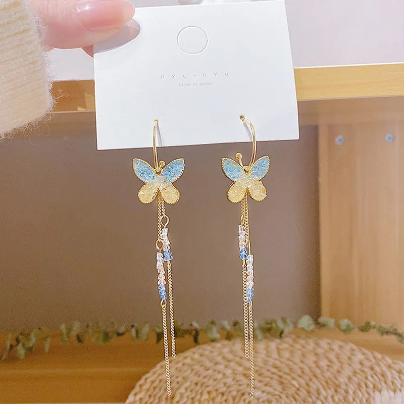 

S925 Silver Needle Butterfly Design Light Blue Gold Color Rhinestone Long Fringe Tall Tassel Earrings Women's Ear Studs Jewelry