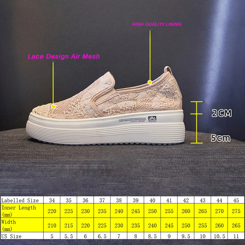 Beige 7CM Lace Air Mesh Women Summer Shoes Slip on Fashion Sneakers Platform Shoes Wedge Heel Slipony for Female Breathable Shoe