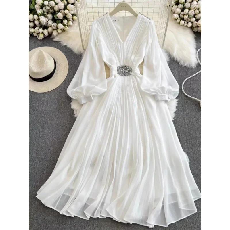 

Seaside Holiday Trip Shoot Lantern Long SleeveVCollar Waist SlimmingaChiffon Pleated Dress Elegant Large Swing Dress