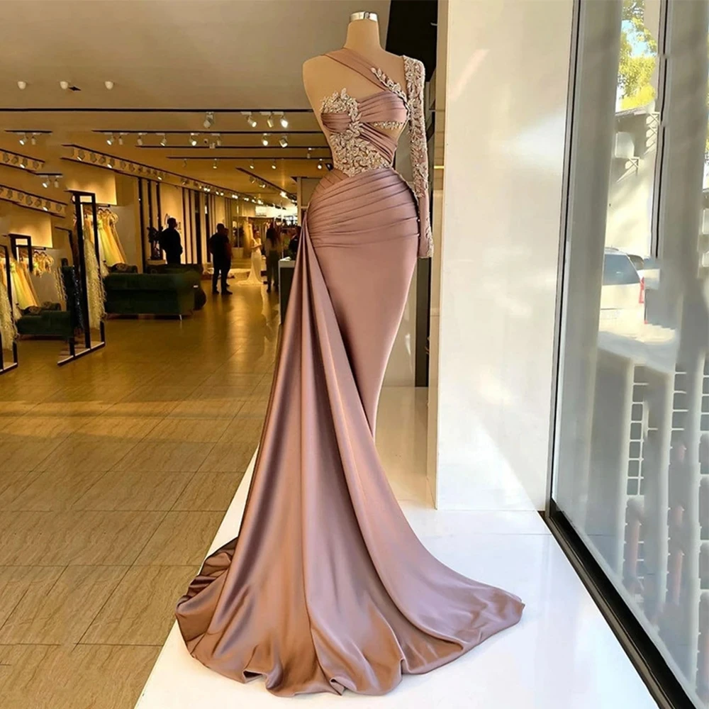 

2024 One-Shoulder Long Sleeve Evening Dresses Draped Satin Trumpe Ball Gowns Woman's Formal Bride Beach Party Gala فساتين السهرة