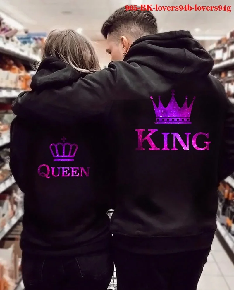 

New Women Men Hoodies King Queen Printed Sweatshirt Lovers Couples Hoodie Fashion Hooded Sweatshirt Matching Casual Pullovers