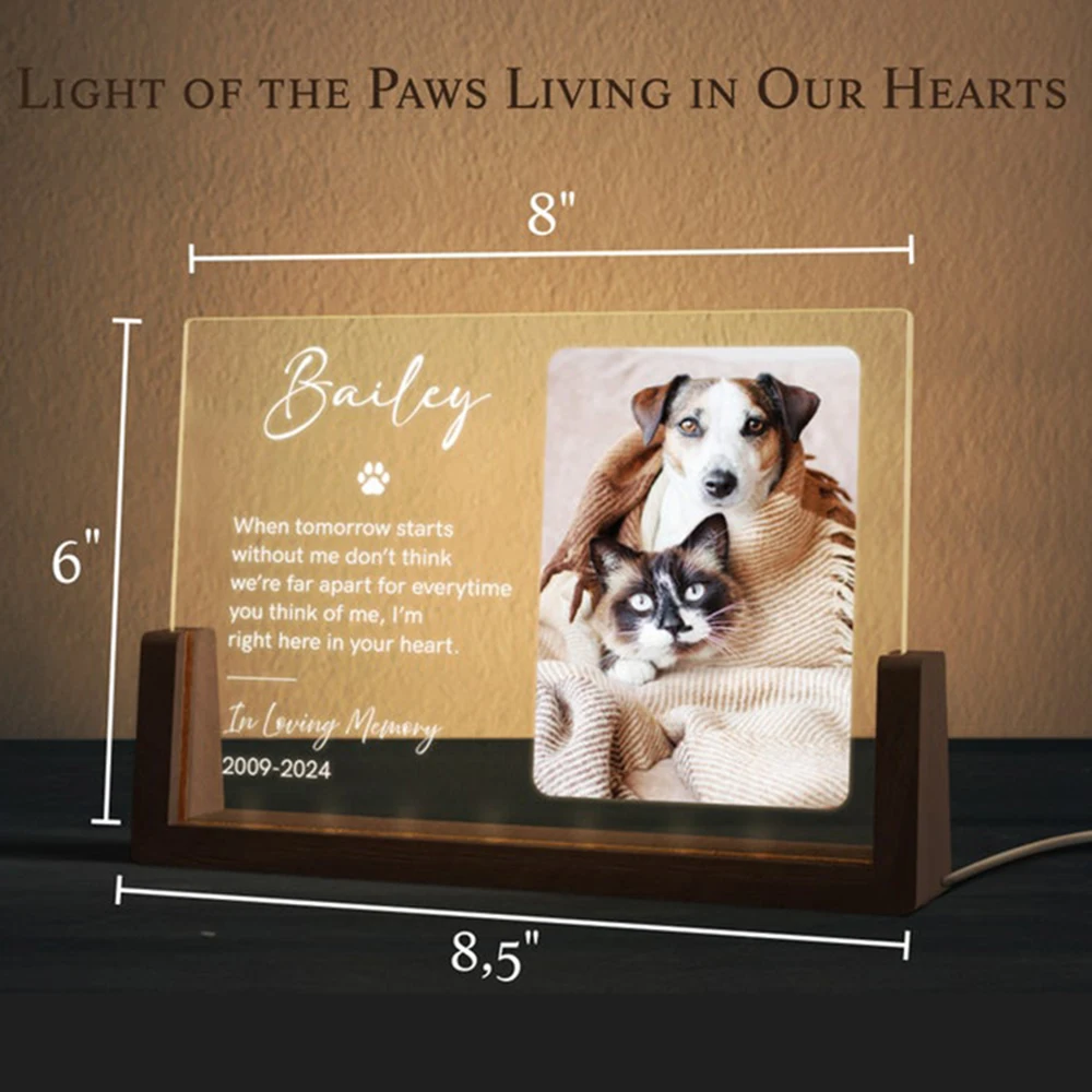 Benutzerdefiniertes Haustier-Gedenkfoto-Licht, personalisiertes Geschenk zum Verlust von Katzen und Hunden, graviertes Haustier-Plakette mit Namen, Termine, emotionales Andenken, Haustier – Detail 1