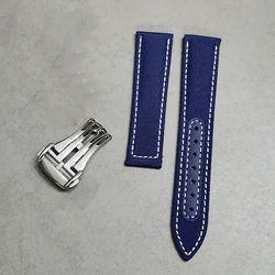 Waterproof Canvas Leather Watchband - Premium Nylon Strap Bracelet - 21mm (Blue white)