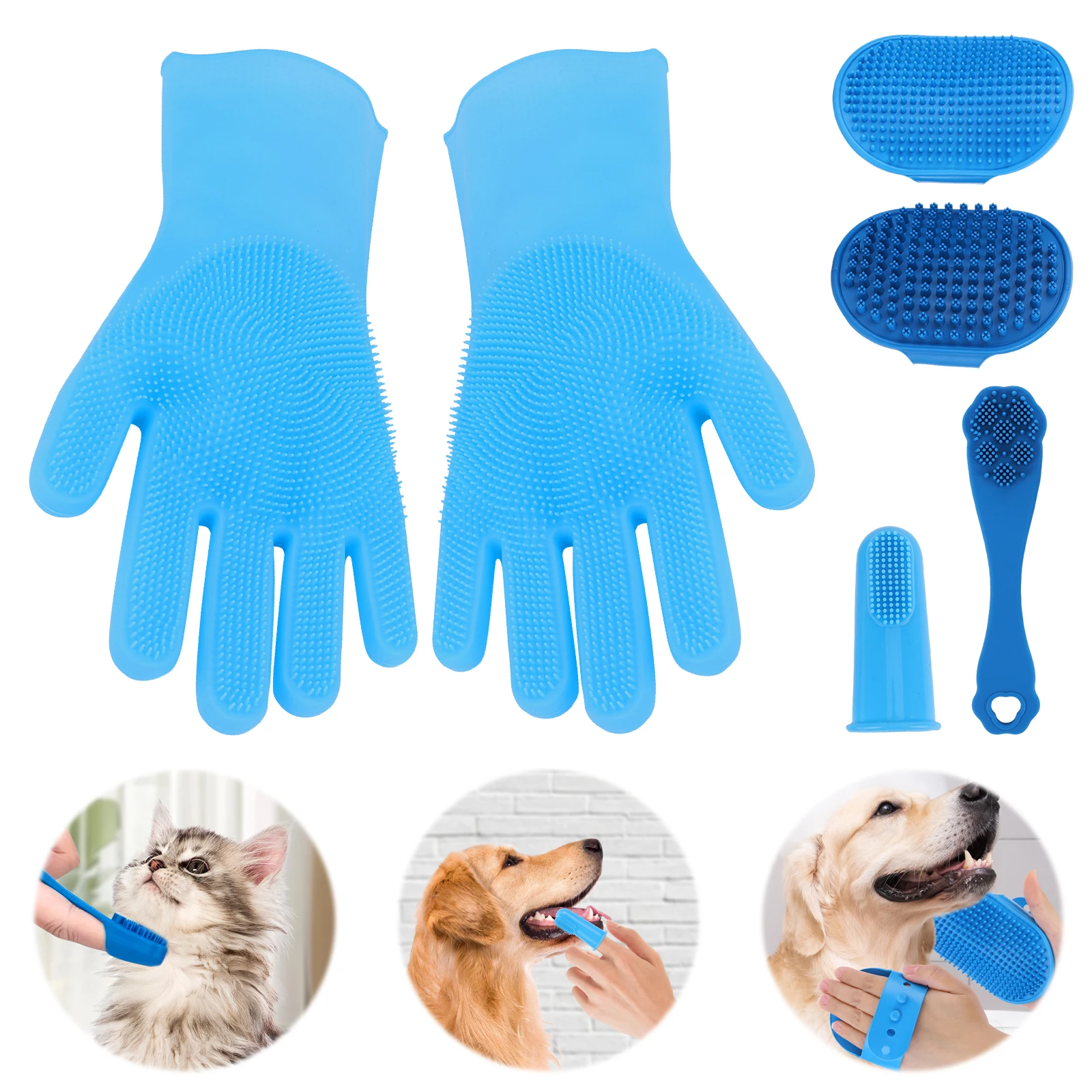 6PCS Silicone Pet Grooming Gloves Set – Dog & Cat Bathing, Shampooing, Massaging & Deshedding Kit