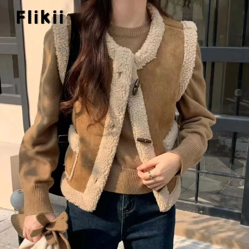 

2023 Winter Vintage Style Baggy Pockets Casual Sleeveless Vest Jacket For Women Single Breasted Round Neck Patchwork Tank Coat