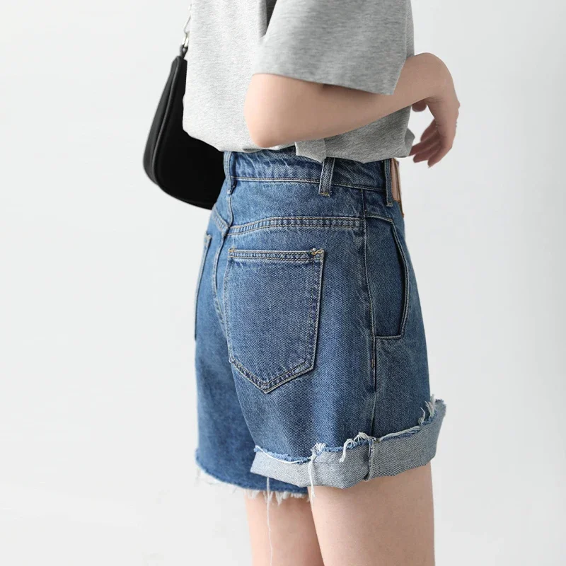 CHIC VEN Women's Denim Shorts Retro Irregularly Cut Blue High-waisted Short Jeans for Women Streetwear Pants Ladies Summer