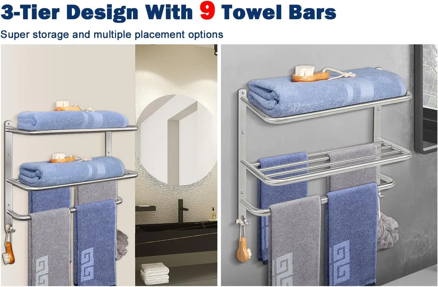 3-Tier Towel Holder with Hooks, SUS304 Stainless Steel Towel Hanger, Wall Mounted Shelf Storage, Bathroom Accessories