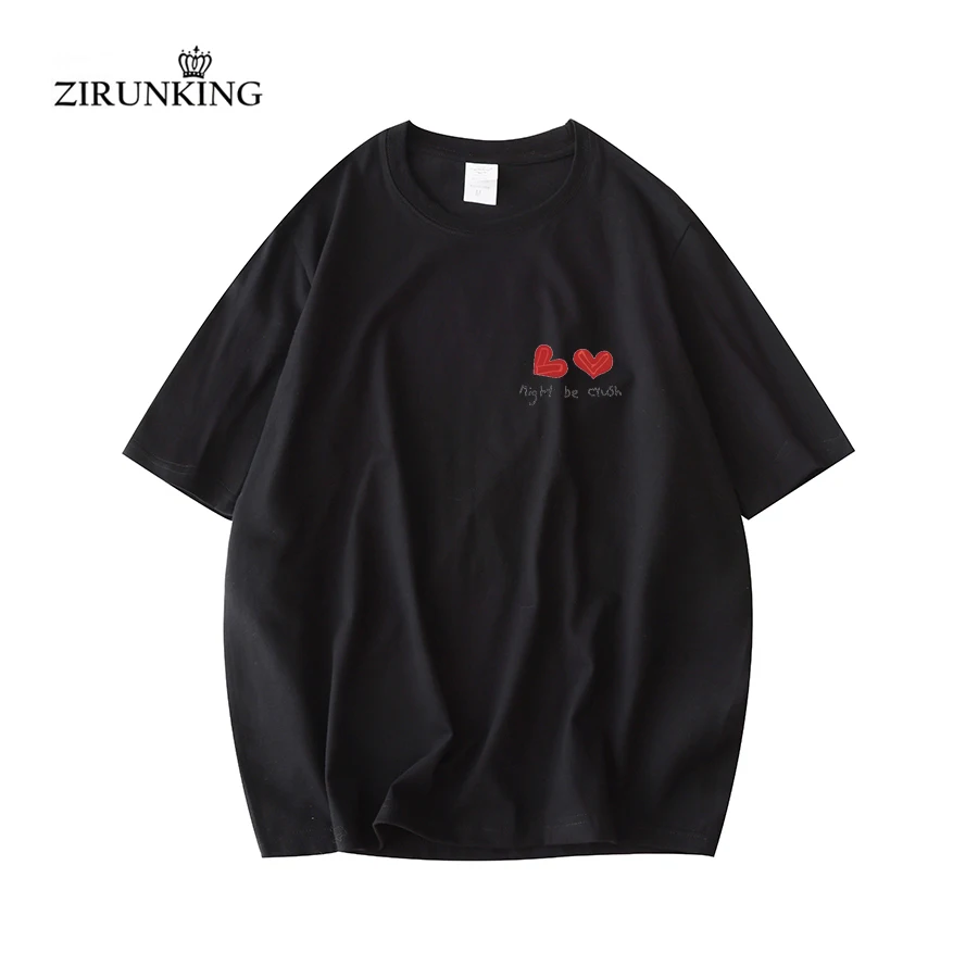 Zirunking-Summer Women Loose Leisure Tops T-Shirt Nere In Cotone Pettinato Best Seller Two Hearts Print Cute Style Tees Rosa Verde