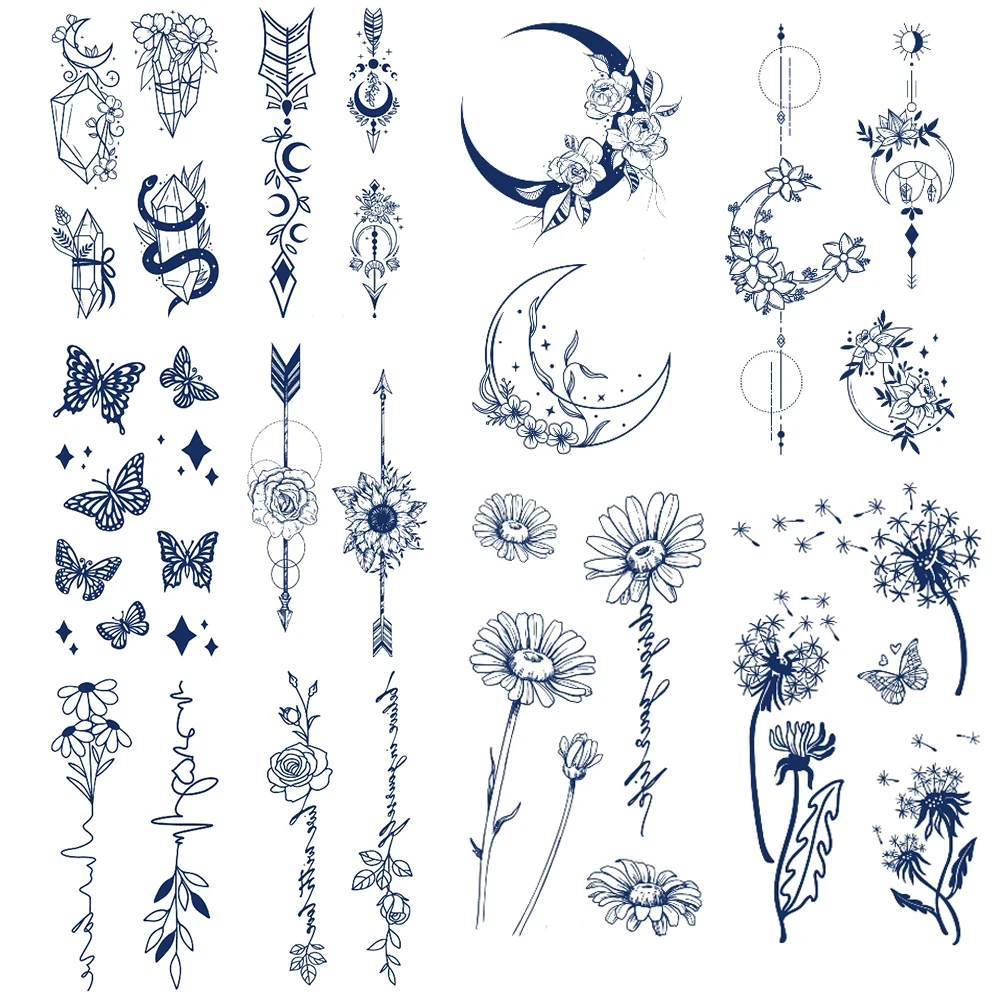 Semi-Permanente impermeável Herbal Tattoo Sticker, Borboleta, Girassol, Dente-de-leão, Padrão Flor, Mão Adesivo, Durável, 2 Semana, 12Pcs