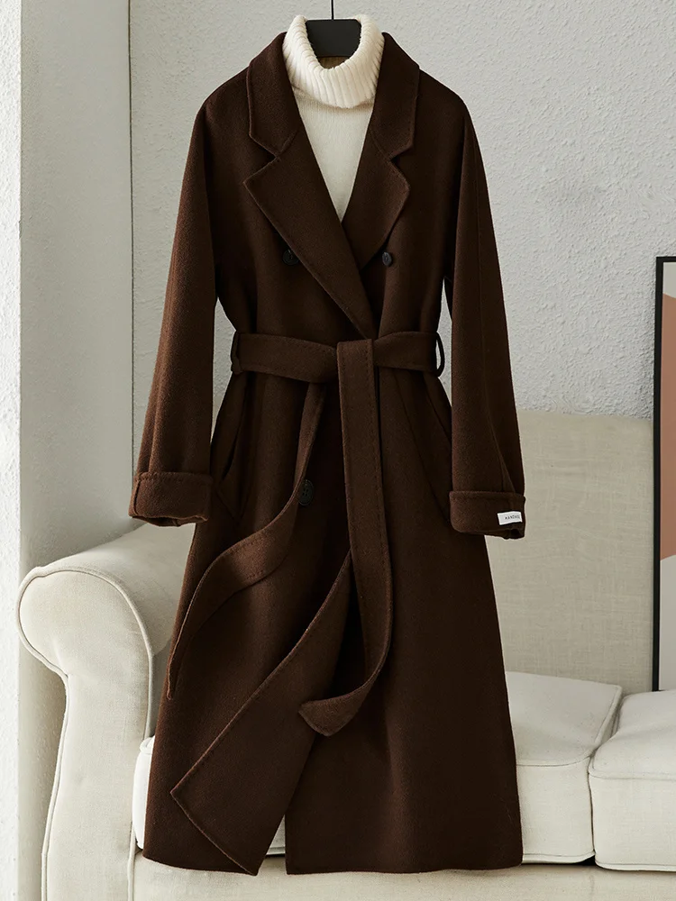 

2023 Chocolate Double Sided Cashmere Coat Women's Mid Length Autumn/winter New 100 Woolen Coat Hepburn Style