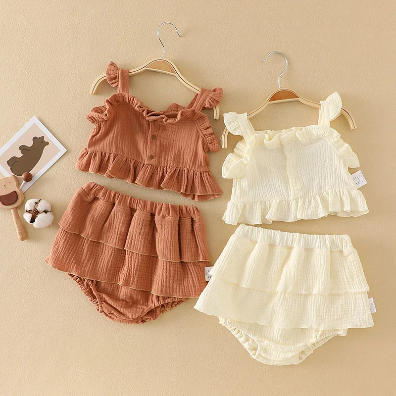 

2PCS Baby Girl Fungus Edge Suits Ruffles Sling Vest + Mini Skirts Shorts Clothes Sets Newborns Cute Cotton Infant Outifts Summer