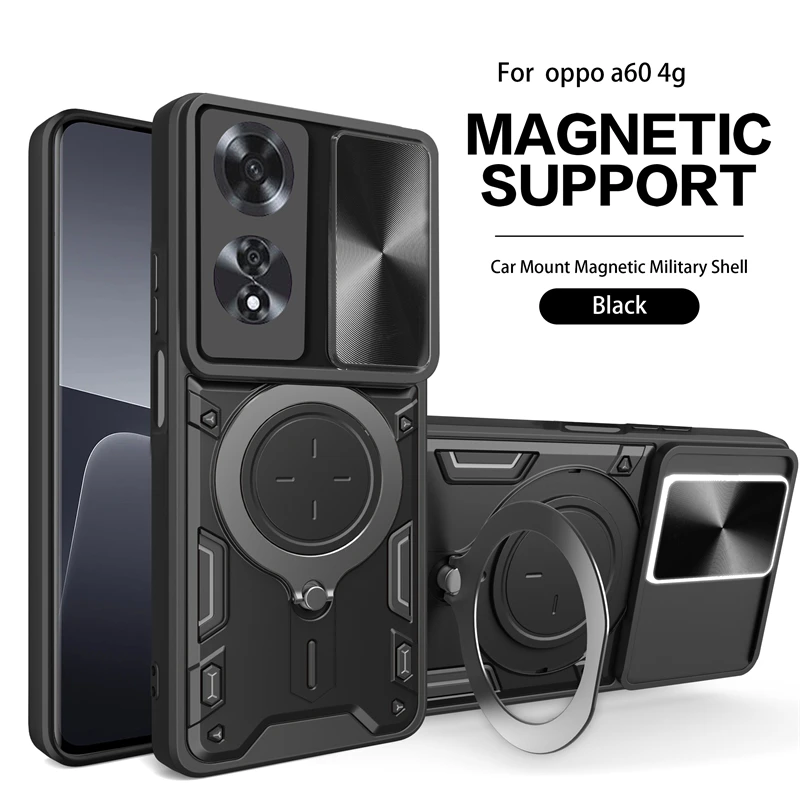Enhanced Magnetic Ring Armor Phone Case with Slide Lens Protector and Back Cover