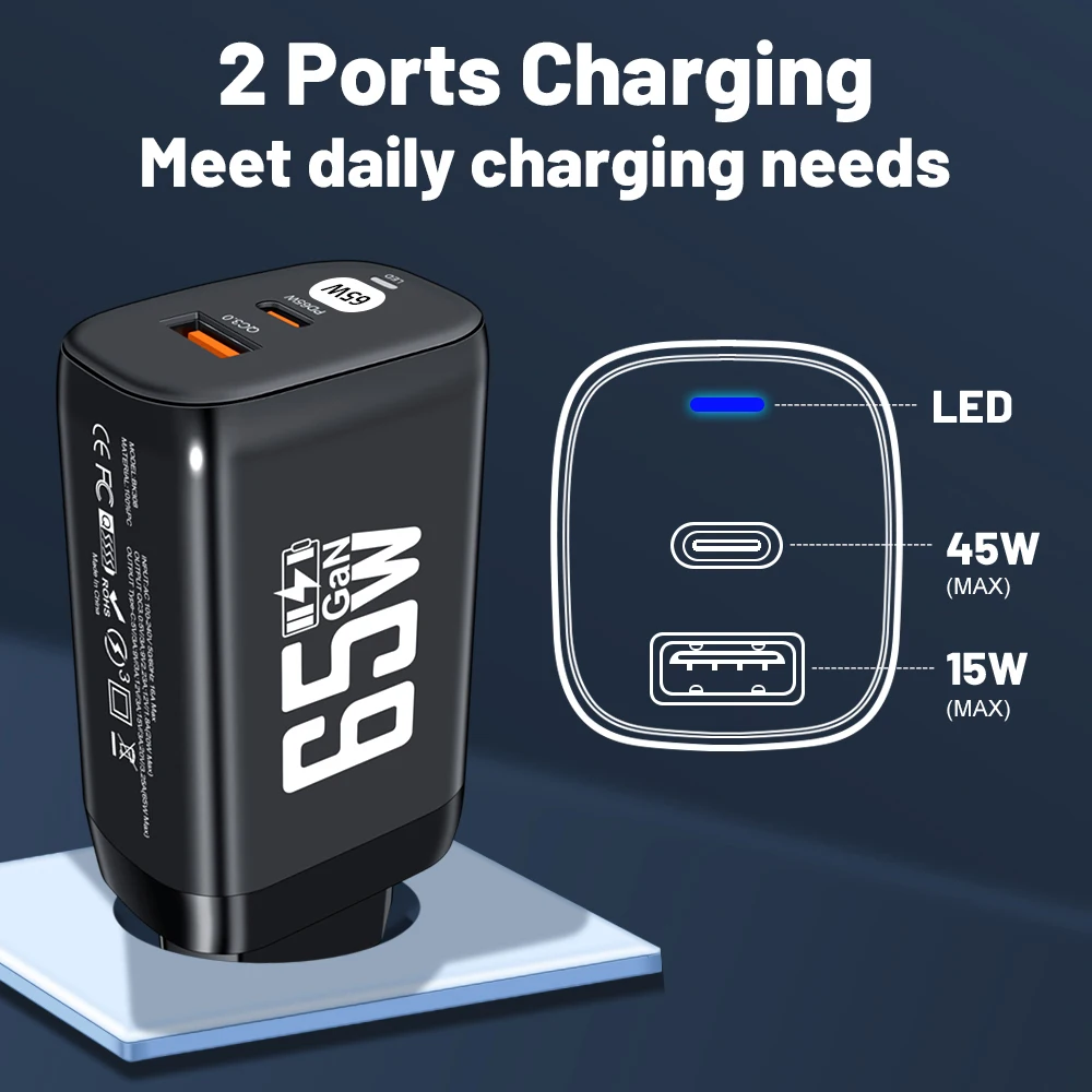 GaN Fast Charging 65W USB Type C Charger Quick Charge 3.0 Wall Adapter For iPhone 15 Xiaomi Huawei Samsung Mobile Phone Charger