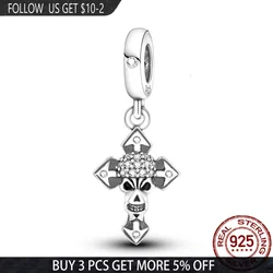 New 925 Sterling Silver Skull Cross With White Zircon Charms Beads Fit Original Pandora Bracelet&Bangle Making DIY Women Jewelry