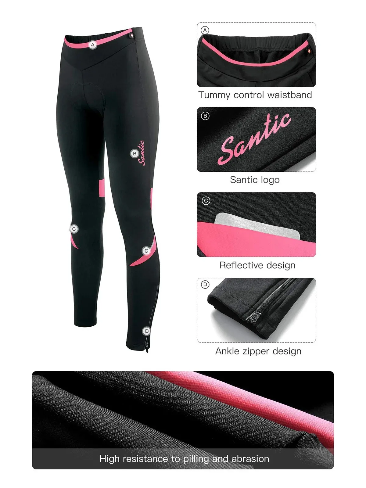 Santic Women's Cycling Pants with 4D Padded Bicycle Fleece Leggings Reflective MTB Bike Thermal