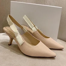 2022 Spring Summer Pointed Toe Single Shoes High Heel Embroldered Baotou Bow Stiletto Ribbon Sandals Women Fashion Ladies Pump