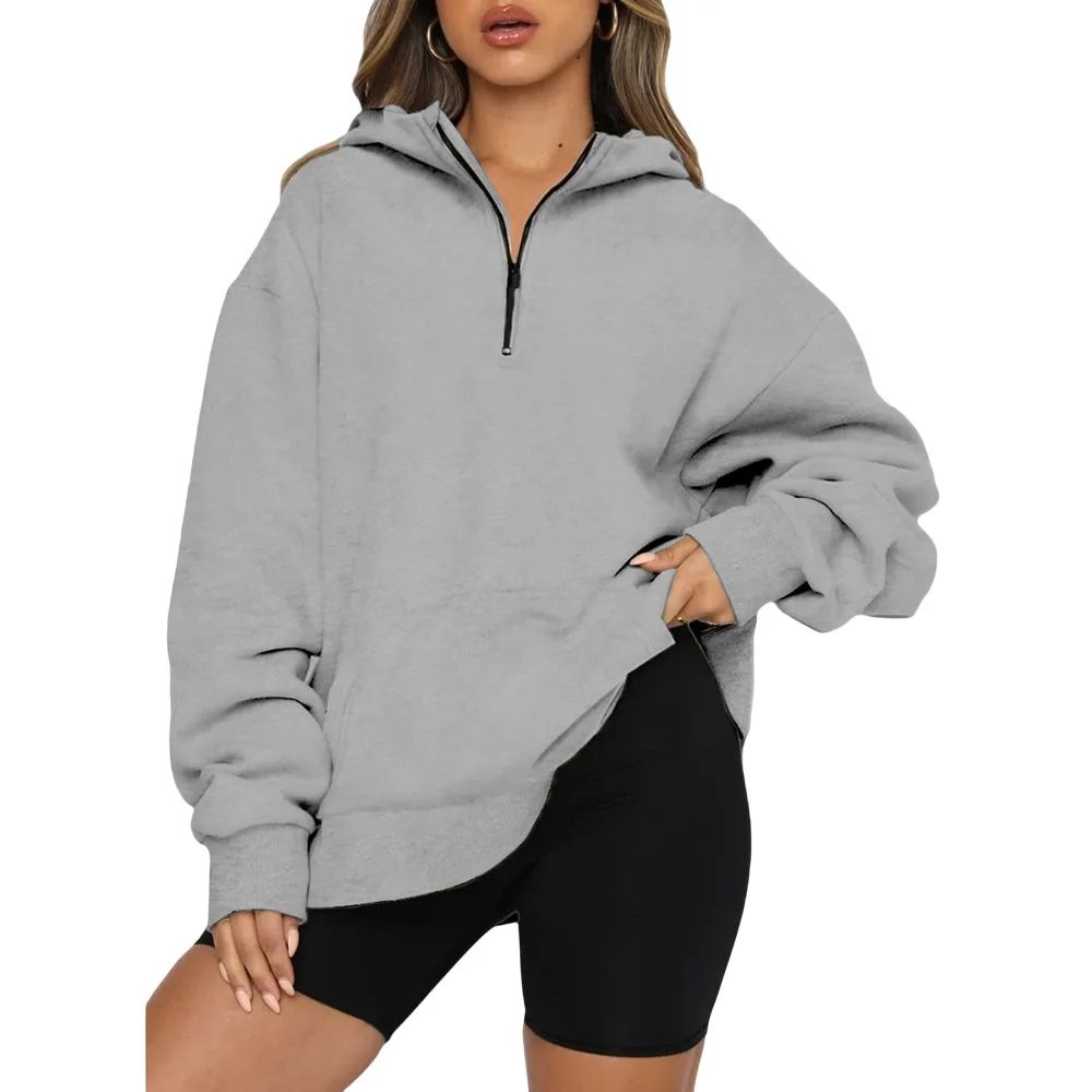 

Autumn and Winter New Women's Pocket Top Half Zipper Pullover Long Sleeve Hooded Sweatshirt Fashion Female Tops Lady Clothing