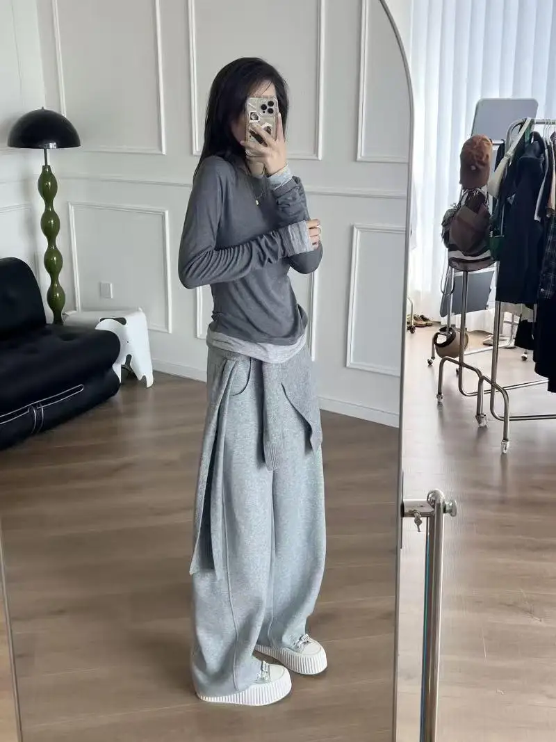 임산부 두꺼운 양털 안감 와이드 레그 바나나 바지 캐주얼 루즈핏 겨울 출산 바지 코튼 폴리에스테르