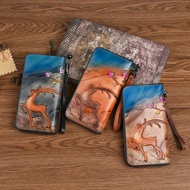 

2023 New Women Long Wallets Vintage Woman Wallet Genuine Leather Deer Embossed Phone Bag Lady Hand-painted Leather Purse