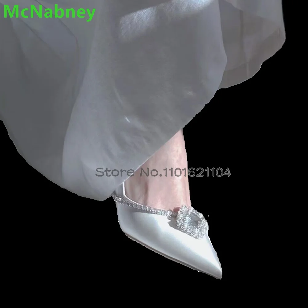 White Thin High Heel Crystal Wedding Pumps For Female Women 2024 Spring New Pointed Toe Slip-on Shallow Solid Elegant Shoes