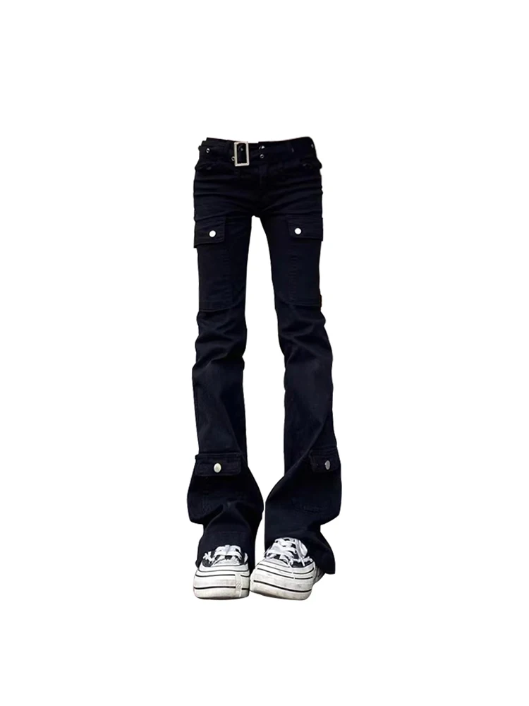 

Women's Black Gothic Flare Cargo Jeans Y2k Retro Aesthetic Denim Pants Vintage Harajuku High Waist Wide Leg Cowboy Pants Clothes